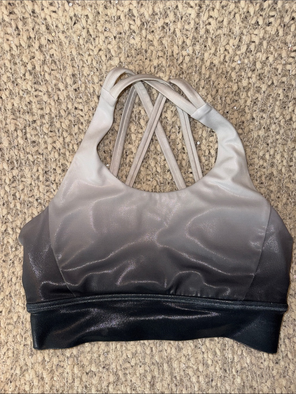 BuffBunny Revolution Gloss Ombre Strappy Sports Bra in Black, Gray & White